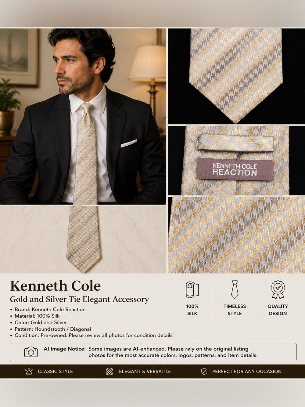 Kenneth Cole Gold and Silver Tie Elegant Accessory